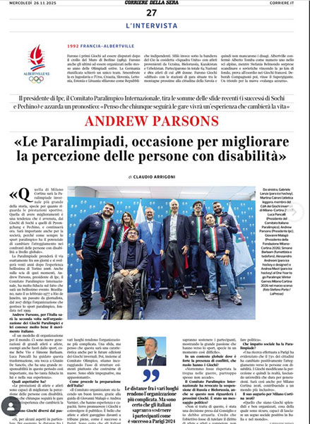 Anche il Corriere della Sera celebra i 100 giorni ai Giochi Paraolimpici di Milano Cortina 2026