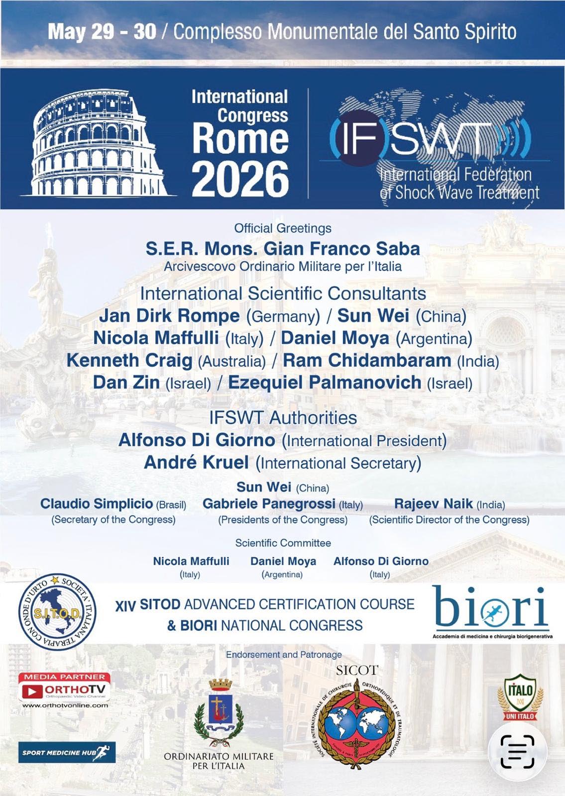 International Congress Rome 2026 - XIV Corso di Certificazione Avanzata SITOD -  Congresso Nazionale BIORI
